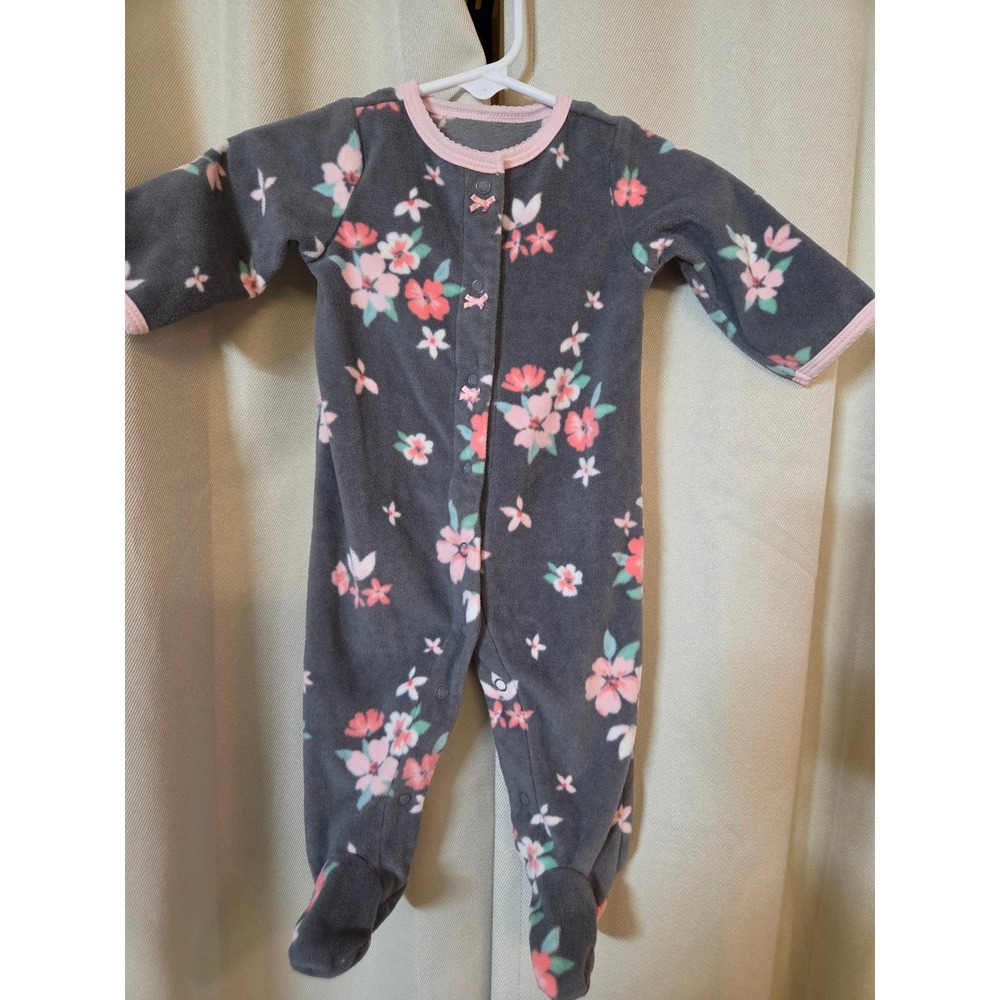 Carters Baby Girls 3M Grey Floral Fleece Footed Pajama Snap Front Sleep Play
